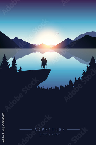 couple on a cliff adventure in nature by the lake with mountain view vector illustration EPS10
