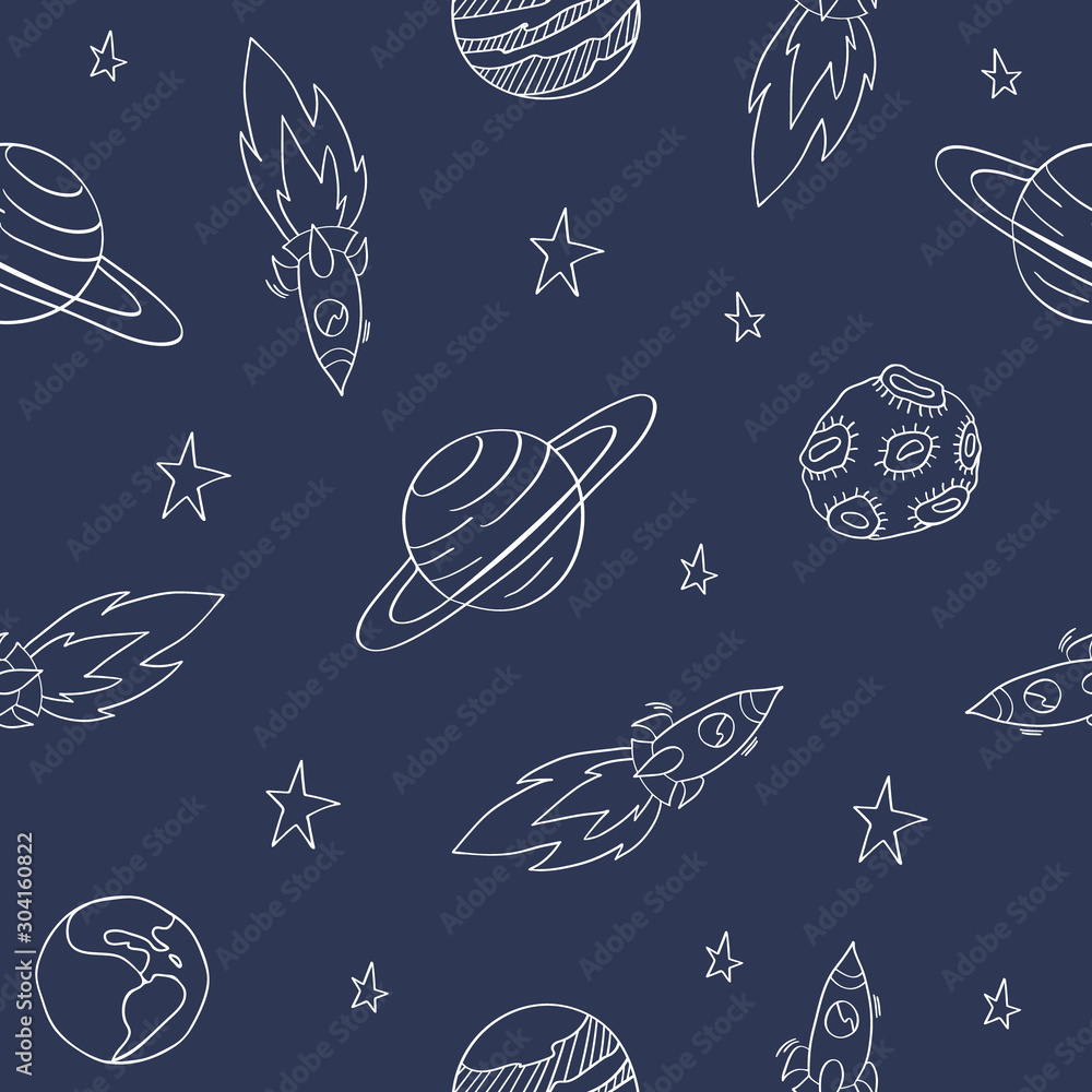 Hand drawn space print. Dark blue seamless pattern with cosmic objects. Rockets, planets and stars. Vecctor illustration. Hand drawn space print. Dark blue seamless pattern with cosmic objects. Rockets, planets and stars. Vecctor illustration.