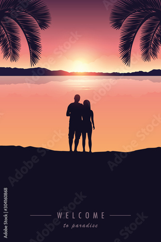 couple enjoy the sunset on a beautiful palm beach vector illustration EPS10