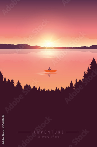 lonely canoeing adventure with orange boat at sunrise on the lake vector illustration EPS10