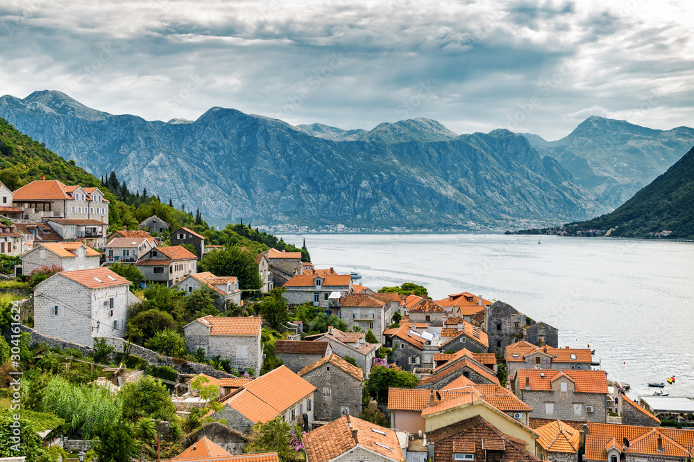 Sunny view of town Perast in the Kotor Bay, Montenegro.