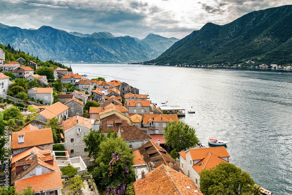 Sunny view of town Perast in the Kotor Bay, Montenegro.