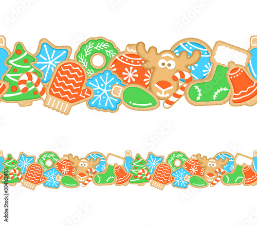 Gingerbread Christmas cookies seamless border. Horizontal vector cartoon pattern for frame. Homemade biscuits decorated with sugar icing