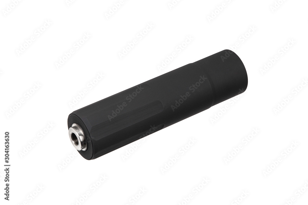 Black silencer for weapons. Suppressor that is at the end of an assault rifle. Black silencer for weapons. Suppressor that is at the end of an assault rifle.