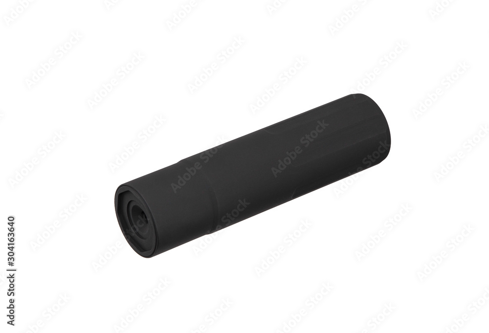 Black silencer for weapons. Suppressor that is at the end of an assault rifle. Black silencer for weapons. Suppressor that is at the end of an assault rifle.