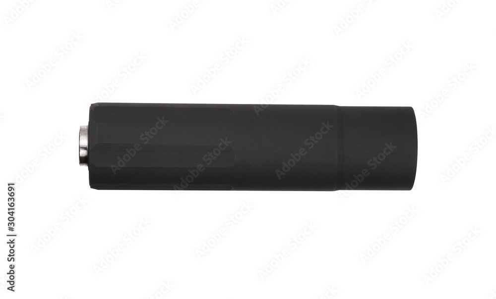 Black silencer for weapons. Suppressor that is at the end of an assault rifle. Black silencer for weapons. Suppressor that is at the end of an assault rifle.