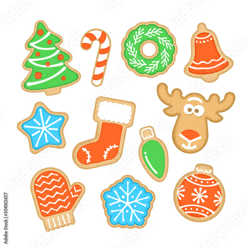 Christmas cookies decorated with sugar icing. Gingerbread homemade biscuits. Vector cartoon illustration. Traditional festive food. Different shapes such as tree, star, snowflake, bell, sock, deer