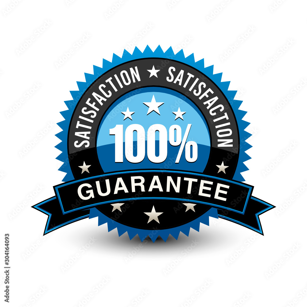 © Tajuddin - Strong blue colored 100% satisfaction guarantee badge with sleek ribbon isolated on white background.