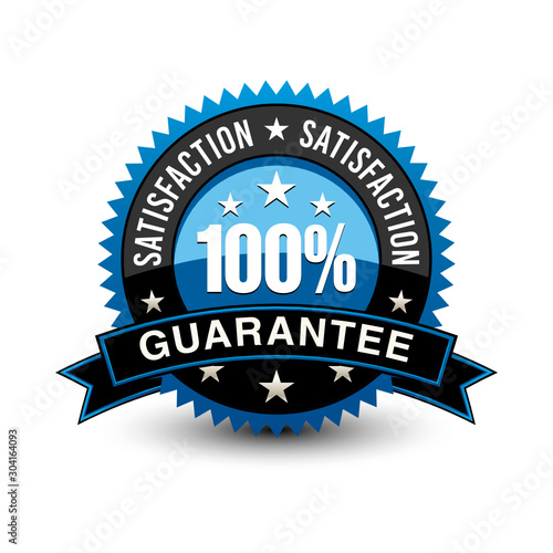 Strong blue colored 100% satisfaction guarantee badge with sleek ribbon isolated on white background.