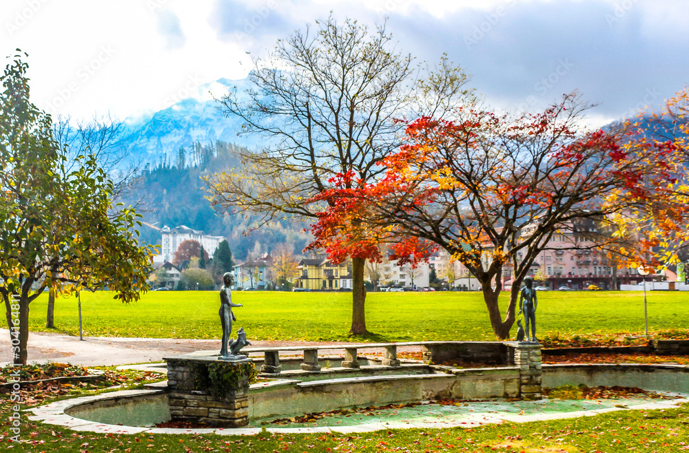 Village Interlaken. Well-known tourist destination in the Bernese Highlands region of the Swiss Alps, and the main transport gateway to the mountains and lakes of that region.