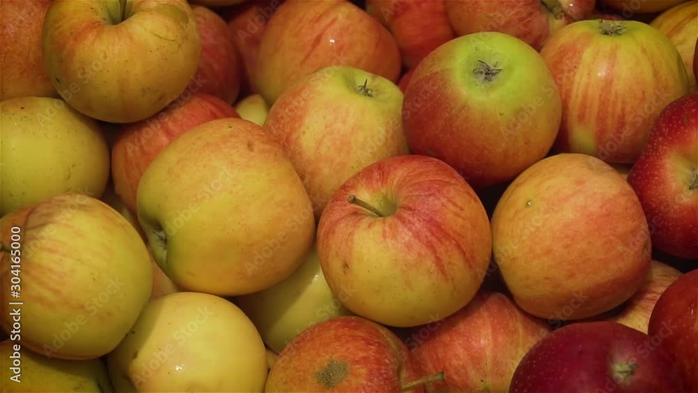 Beautiful ripe juicy apples pile in garden closeup. Fresh harvest for fruit production in food industry Beautiful ripe juicy apples pile in garden closeup. Fresh harvest for fruit production in food industry