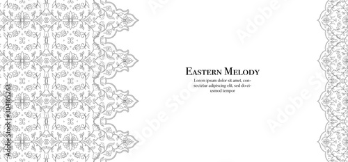 Eastern ethnic motif, traditional muslim ornament. Template for wedding invitation, greeting card, banner, gift voucher, label. Vector illustration
