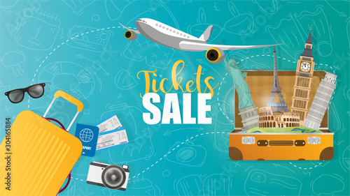 Travel banner. Tickets sale. Vector template design with travel and world famous landmarks and tourist directions elements in colorful background. Vector illustration