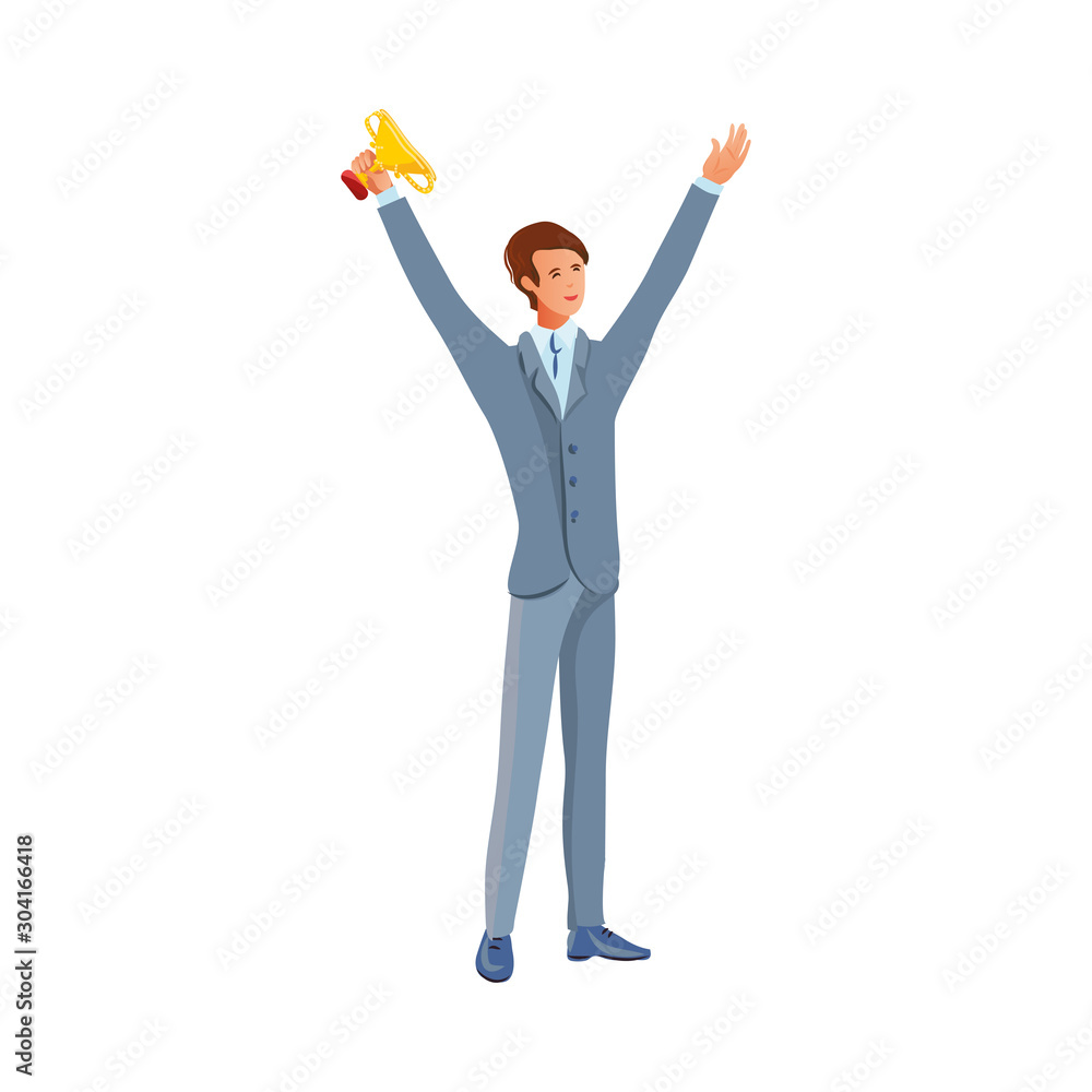 Happy man holding golden victory cup vector illustration Happy man holding golden victory cup vector illustration