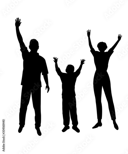 Family with hands raised. Family of champions. Black Silhouettes of man, woman, boy. Vector illustration isolated on a white background.