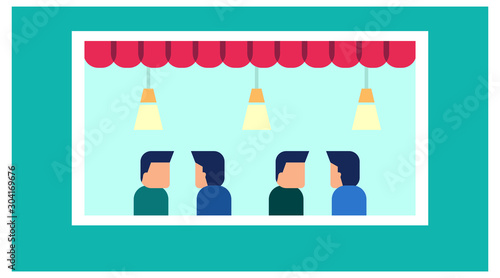 flat color illustration of a night window glass window display. simple illustration of a visitor inside the restaurant. vector