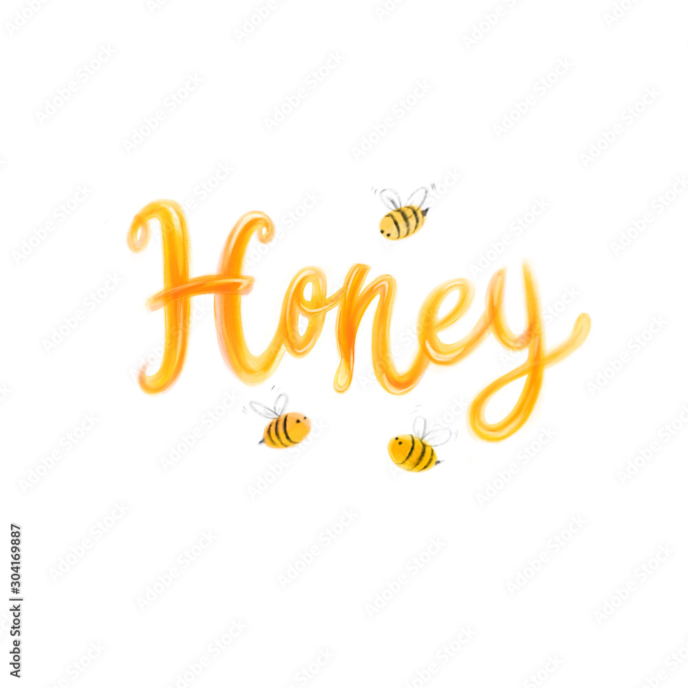Fototapeta premium Digital illustration with hand drawn lettering Honey and with bees