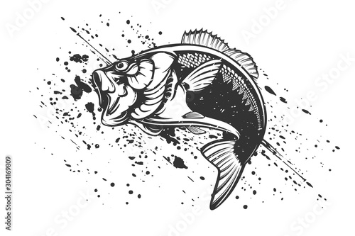 Fishing logo. Bass fish with rod club emblem. Fishing theme illustration. Isolated on white.