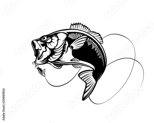 Fishing logo. Bass fish with rod club emblem. Fishing theme illustration. Isolated on white.