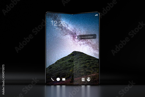 Smartphone with fold feature - modern construction, future of modern smartphones or tablets, wallpaper with galaxy, milky way in mountains	