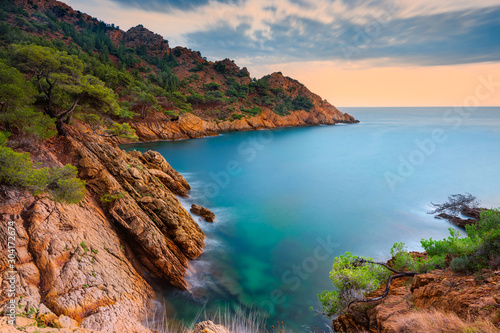 Vue générale sur la clanque de Méjean et son eau turquoise, au coucher du soleil avec en premier plan des arbres morts