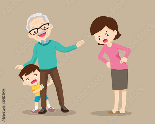 grandfather soothe child from mother scolding