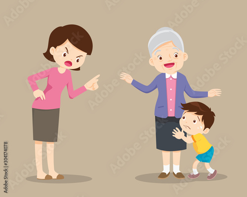 grandmother soothe child from mother scolding