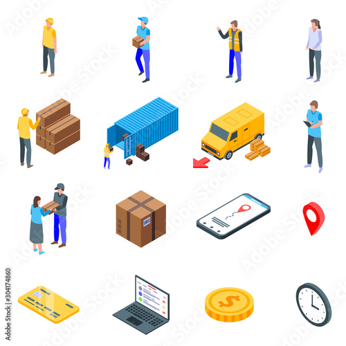 Parcel delivery icons set. Isometric set of parcel delivery vector icons for web design isolated on white background