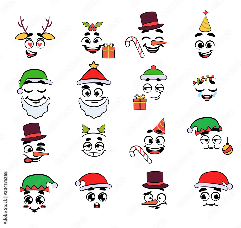 Christmas emoji set. Holiday emoticon collection. Vector illustration.