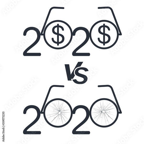 2020  financial year. A look through the glasses of an optimist and a pessimist. An optimist sees a profit; a pissimist sees nothing. Vector concept on a white background.