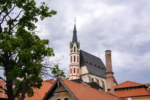 View to St. Vitus Church and roofs of Old Town of Český Krumlov (Cesky Krumlov), Czech Republic