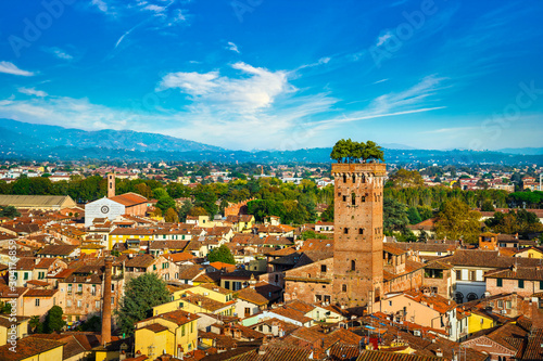 Lucca panoramic aerial view of city and Guinigi tower. Tuscany, Italy