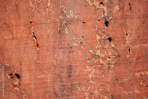 Red marble wall in an abandoned quarry in the eastern alps near Winzendorf in Austria.