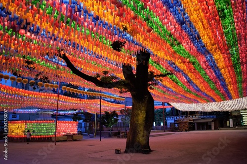 Illuminated lotus lanterns for Buddha's birthday at buddhist temple Jogyesa, Seoul, Korea