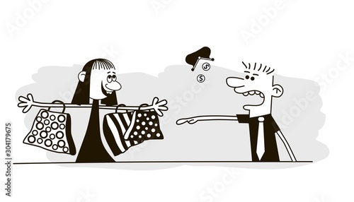 Quarrel in the family, wife calm. Funny vector.