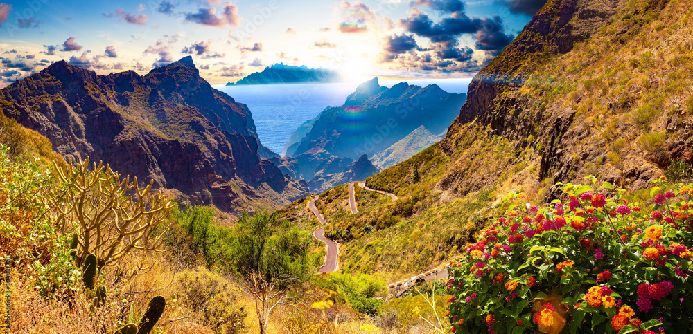 Masca valley.Canary island.Tenerife.Spain.Scenic mountain landscape.Cactus,vegetation and sunset panorama in Tenerife - obrazy, fototapety, plakaty 