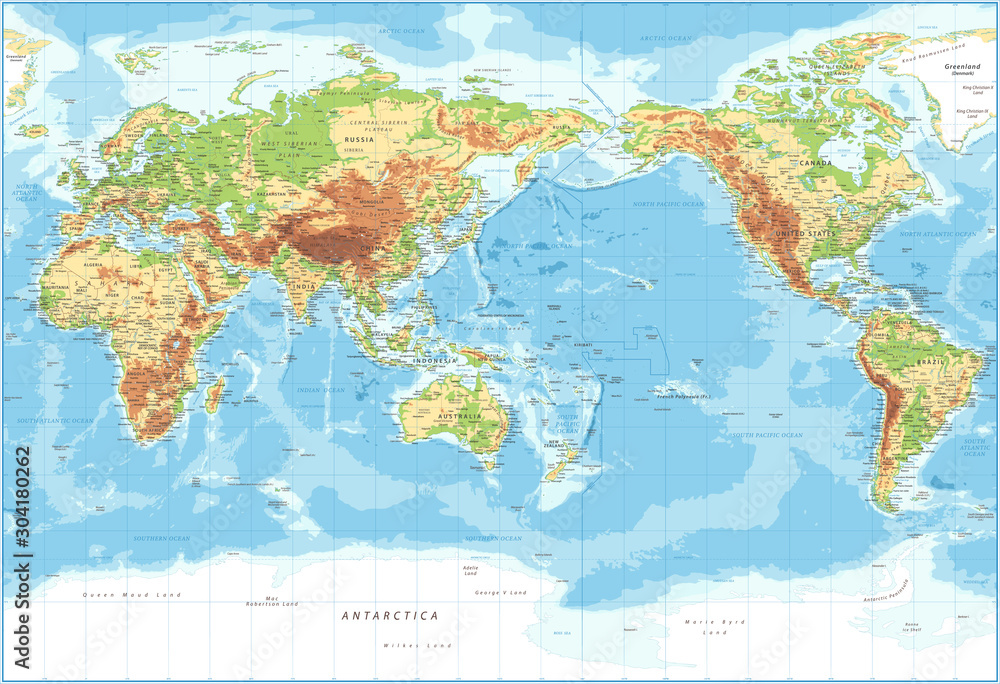 Mapa świata - widok na Pacyfik - fizyczna topografia - wektor Szczegółowa ilustracja <span>plik: #304180262 | autor: Porcupen</span>