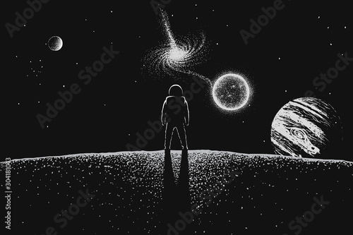 Astronaut looks to universe from planet