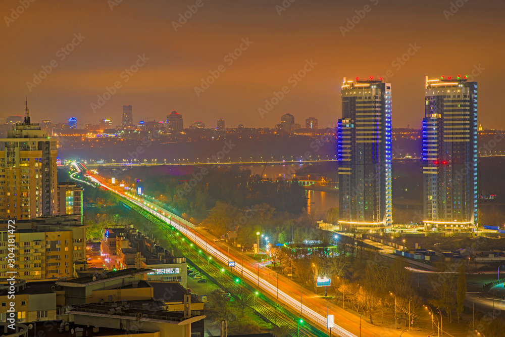 Aerial night city modern buildings in Kiev