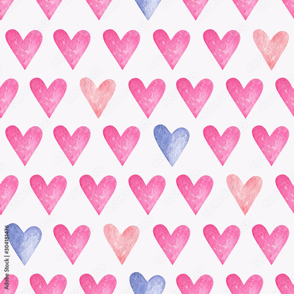 Seamless pattern with colorful watercolor hearts. Ornament for Valentine's day. Isolated on white black background.