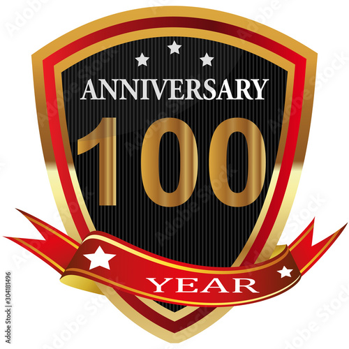 Anniversary 100 th  label with ribbon.