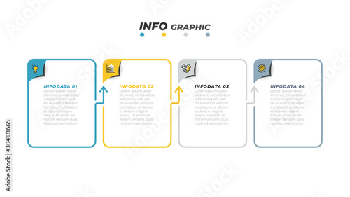Timeline process design template with thin line and rectangle. Business concept with 4 steps, options, arrows and marketing icons. Vector illustration.