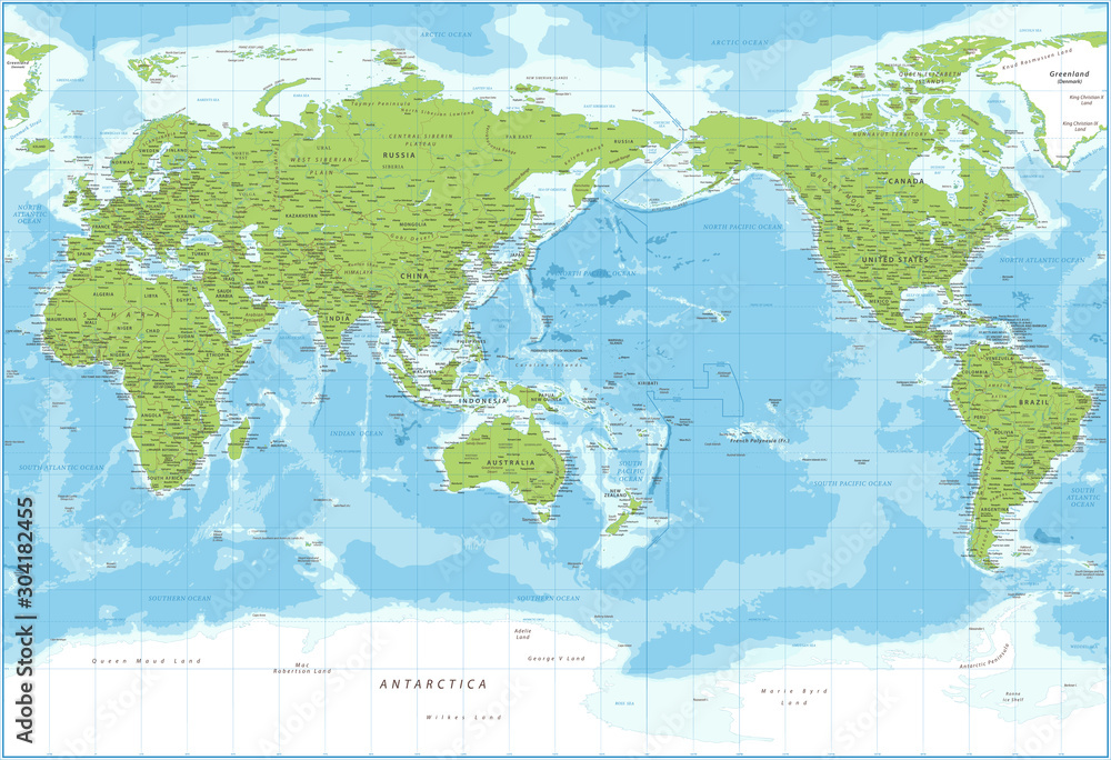 Naklejka Mapa świata - widok Pacyfiku - relief fizyczny topograficzny - szczegółowa ilustracja wektorowa