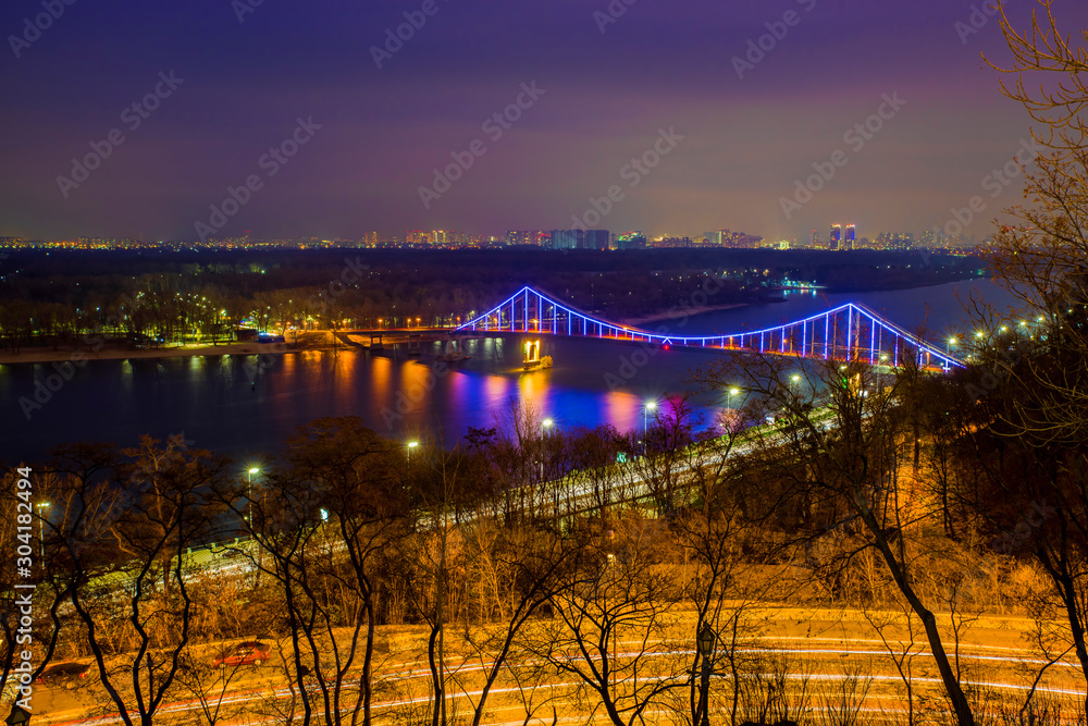 Aerial Dnieper river view and Patona bridge in night