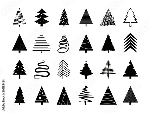 Christmas tree icon set. Vector holiday xmas tree fir silhouette. Vintage new year tree illustration for christmas card design