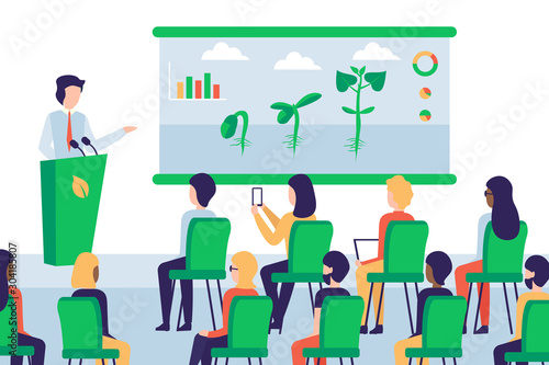 Agriculture conference. Speaker standing behind tribune. Presentation seeds germination. People in the audience. Can use for landing page, template, website, application, poster, banner, layout.