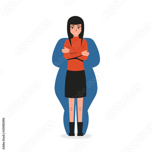 Sad beautiful young girl suffering from anorexia nervosa. Very slim, thin woman flat cartoon vector character.