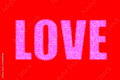 Word "love" - ​​isolate on red background. Letters of purple chrysanthemum flowers. Concept. Illustration.