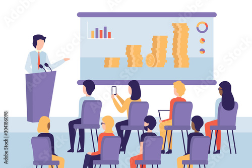 concept seminar speaker doing presentation and professional training about growth of business. Flat vector illustration of presentation conference and start up your own business.