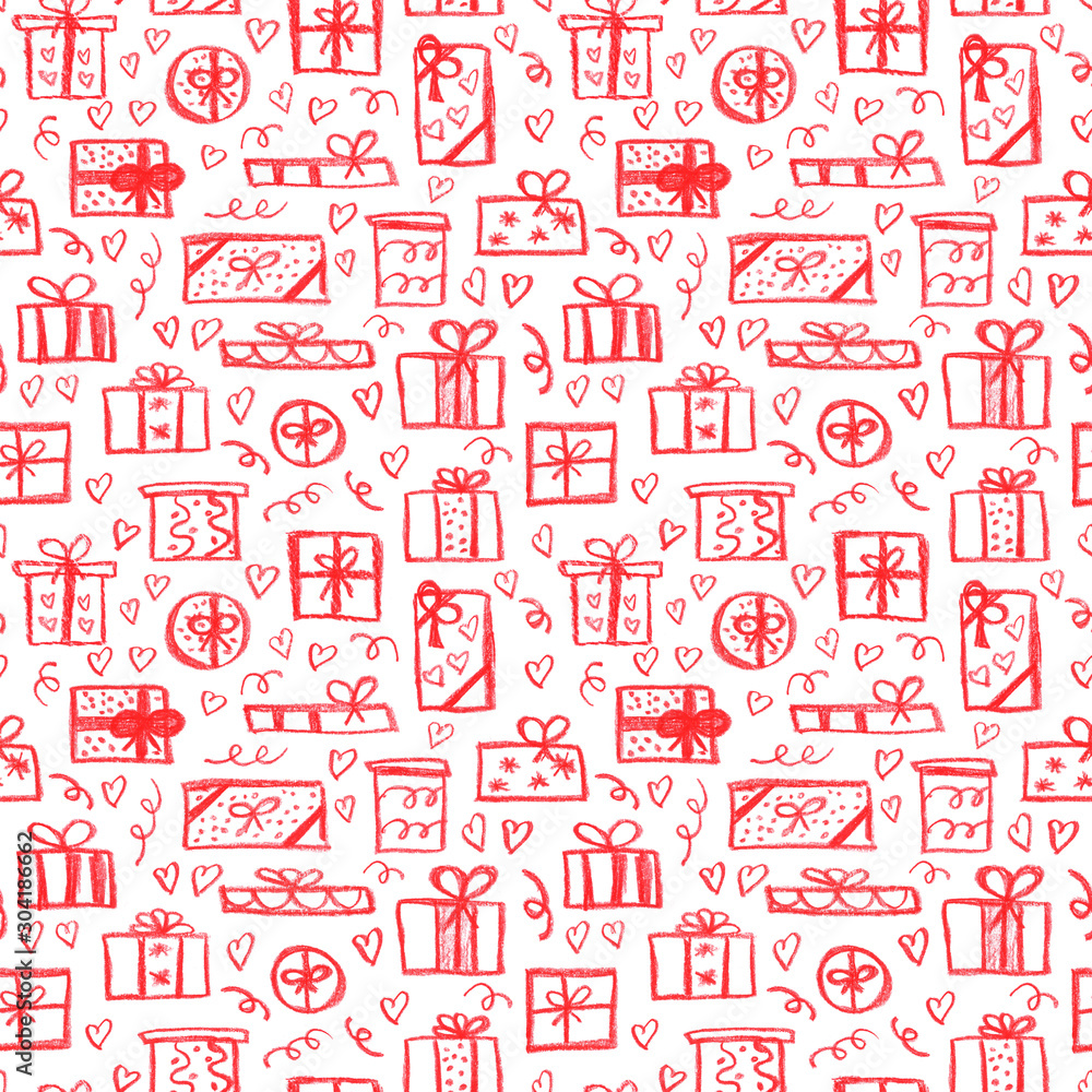 Obraz premium Many scatterred presents, gifts. Hand drawn seamless pattern. Red presents with hearts and doodles on white background. Colour pencils drawing in childish simple naive style..